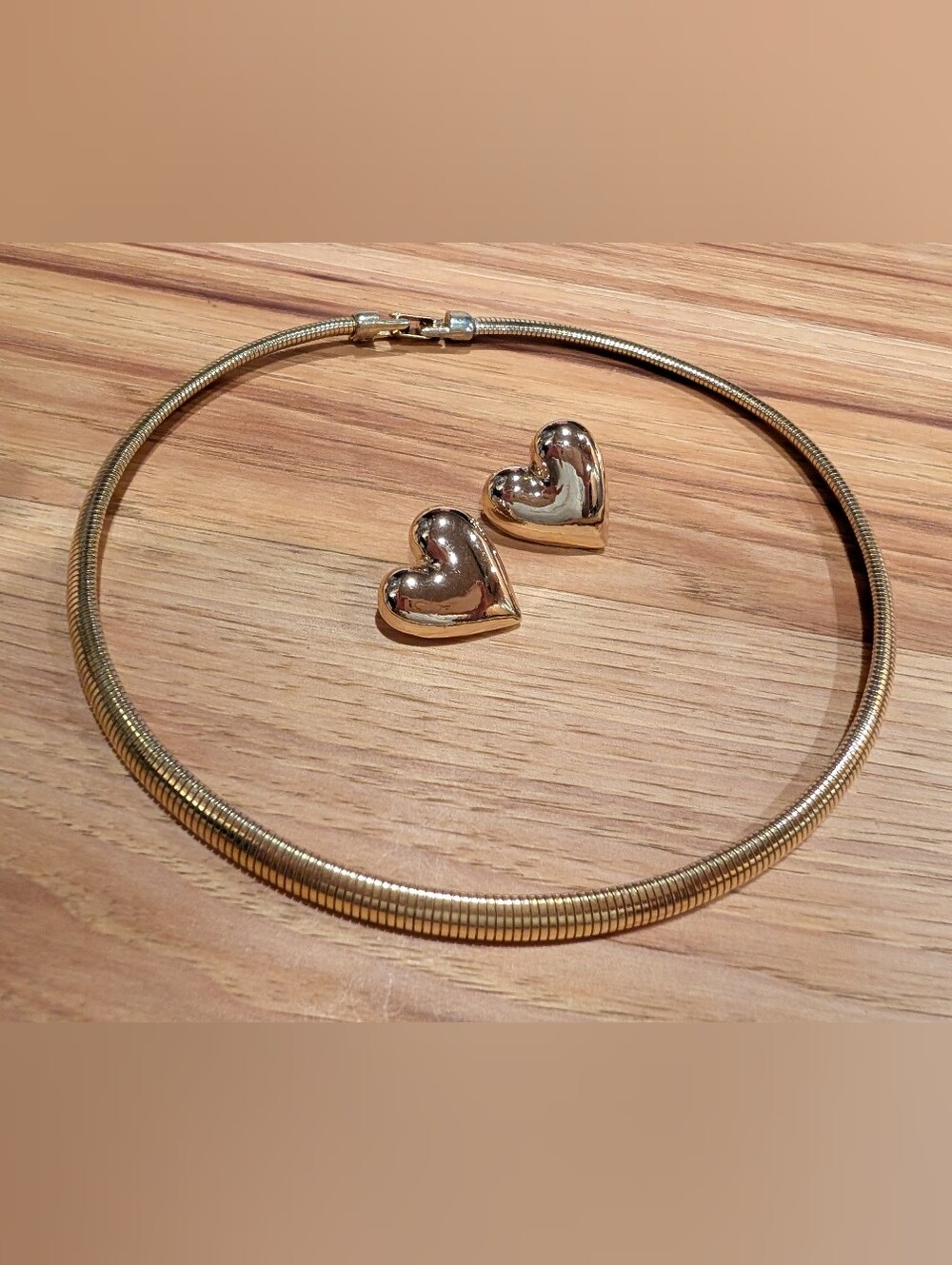 Goldtone Omega Collar Necklace With Heart Earrings